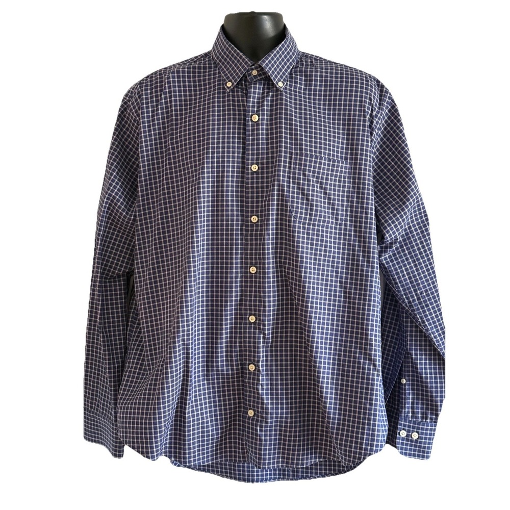 Peter Millar Navy Blue Gingham Checked Shirt XL With Logo Long Sleeve